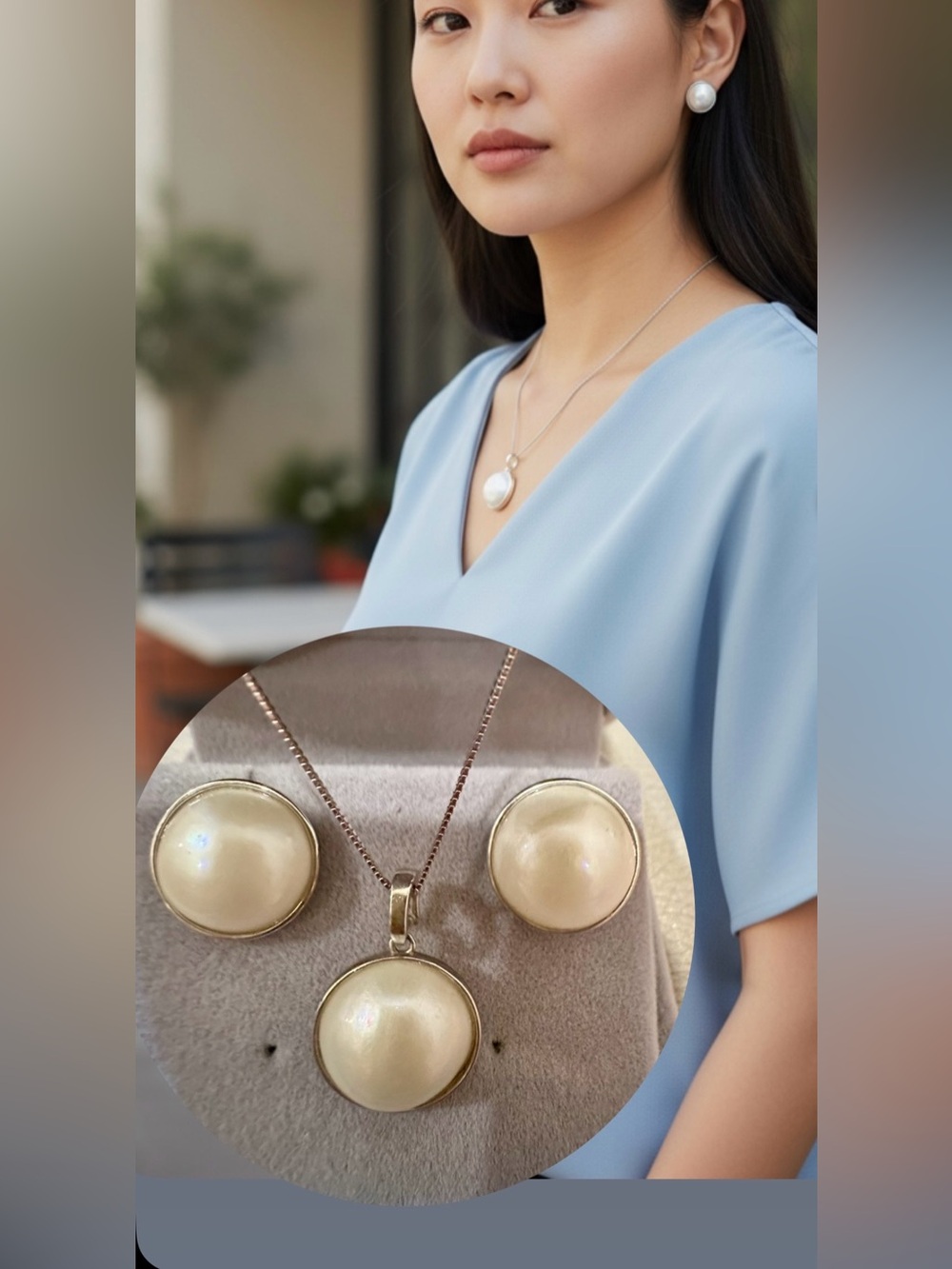 Authentic mabe pearl set of earrings and necklace in S925 settings